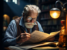 An Elderly Man With Glasses Sitting In The Study Room Of His House Reading The Newspaper