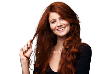 Poster - Portrait, ginger or woman smile with healthy long hair, grooming care or soft glow, growth or clean salon haircut. Face, strong locks or happy person hairstyle isolated on transparent, png background