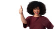 Portrait, smile and woman with thumbs up for success isolated on a transparent png background. Face, like hand gesture and African model with emoji for agreement, vote or feedback, review or winner.