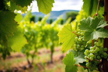 Canvas Print - grapes surrounded by leaves, with an out of focus vineyard behind