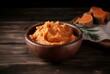 Bowl mashed sweet potatoes. Nutrition mash cooking gourmet spice. Generate Ai