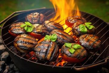 Canvas Print - grilling portobello mushrooms in a basket over coals