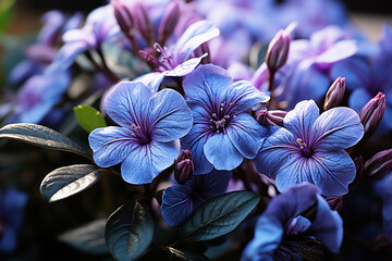 Fototapete - A close-up photograph capturing a cluster of periwinkle flowers in full bloom.  
