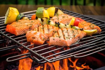 Sticker - grill basket containing seasoned salmon fillets over sizzling coals