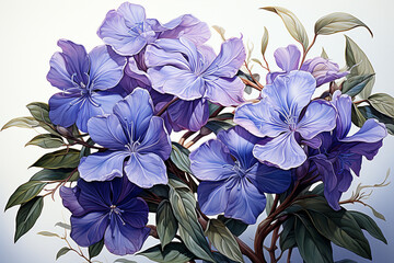 Wall Mural - A botanical illustration of periwinkle, highlighting the plant's distinct features such as the five-petaled flowers, glossy leaves, and trailing vines.  