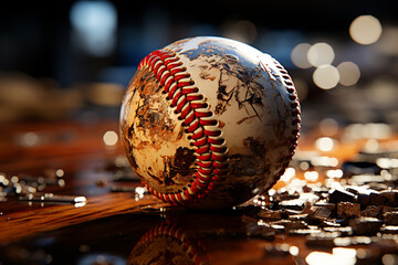 Fototapete - A close up image of an old used baseball, baseball bat and ball. 