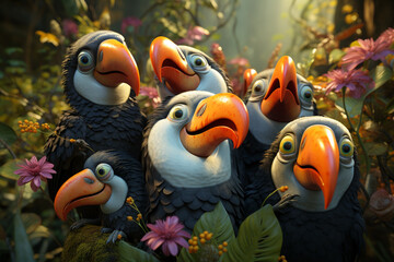 Fototapete - Toucan group making selfie standing upright and looking attentively at the camera. 
