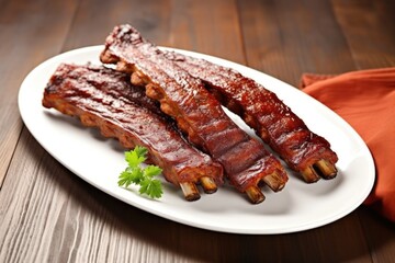 Poster - hickory smoked ribs on white plate, shot from birds-eye view