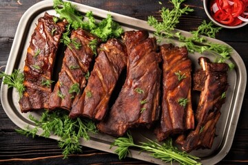 Sticker - top view of smoked ribs on a large platter