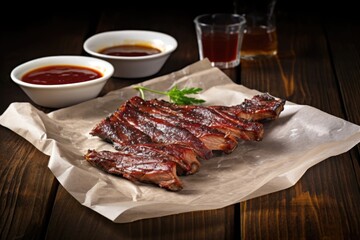 Wall Mural - smoked ribs served on paper with a packet of barbecue sauce