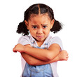 Child, arms crossed or sad portrait and crying with depression, mental health or problem. Upset, unhappy or little girl sulking or looking grumpy isolated on a transparent png background for bullying