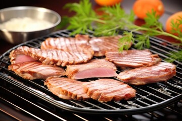 Sticker - neatly sliced duck on an aluminum grill plate