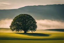 An AI Illustration Of A Lone Tree In The Middle Of An Empty Field In Front Of A Mountain