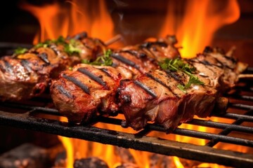 Poster - lamb chops on a grill with visible flames