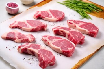 Canvas Print - raw lamb chops with grill marks ready to be seasoned on a pink marble slab