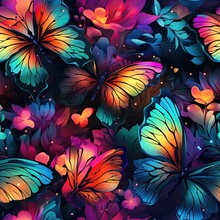 Seamless Pattern With Bright Multicolored Butterflies And Flowers On Black Neon Rainbow Background For Print On Fabric And Textiles