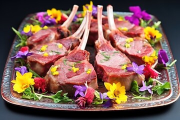 Canvas Print - five lamb chops decorated with edible flowers on an oval metal plate