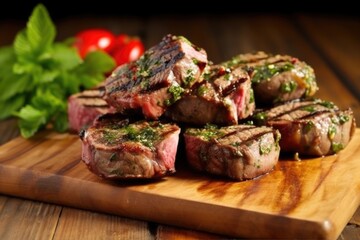 Poster - grilled lamb chops stacked on a wooden chopping board