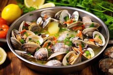 Canvas Print - a shellfish with homemade garlic marinade being prepared in a pan