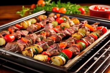 Wall Mural - ribeye steak and vegetable skewers on a griddle pan