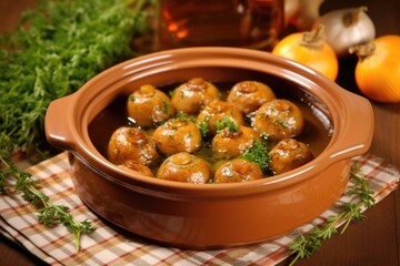 Poster - golden-brown cheese-filled mushrooms on an earthenware dish