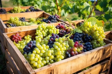 Sticker - bright shot of harvested organic grapes in crates