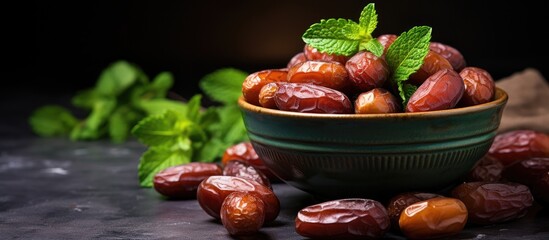 Canvas Print - Fresh dates and mint displayed with a brick wall background Ramadan cuisine