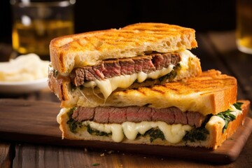 Sticker - brick-pressed grilled meat sandwich with cheese oozing out