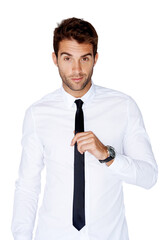 Poster - Portrait, fashion and tie with a man isolated on a transparent background for classy event style. Confident, formal and shirt with a young male model getting dressed on PNG for a wedding or party