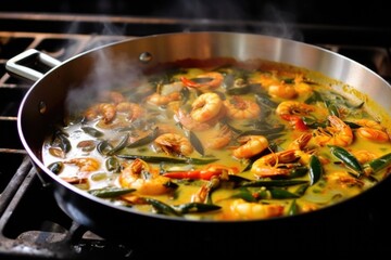 Wall Mural - adding prawns into spicy curry on induction stove