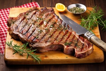 Wall Mural - grilled t-bone steak with a serving knife