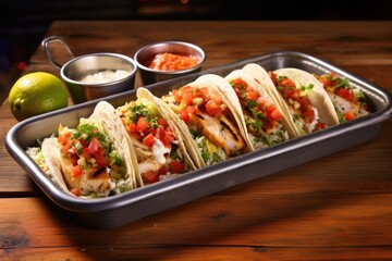 Wall Mural - grilled fish tacos with toppings, served on a tray