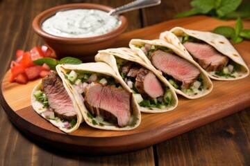 Canvas Print - grilled lamb tacos with tzatziki sauce on a brown wooden plate