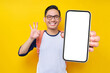 © Bangun Stock Photo - Smiling young Asian student man in casual clothes and glasses backpack showing smartphone blank screen and okay sign isolated on yellow background. Education in High School University College concept
