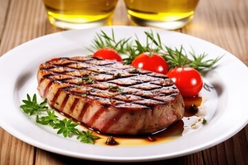 Sticker - a beautifully grilled tuna steak on a white plate