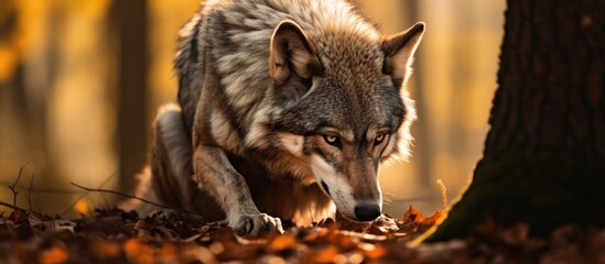 Wall Mural - In the wilderness a wolf like canine creature is exploring the forest floor by sniffing around