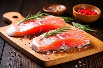 Canvas Print - raw salmon steaks with rosemary on a chopping board