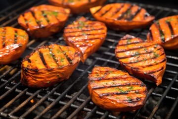 Wall Mural - grilled sweet potatoes on a charcoal grill