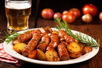 Wall Mural - white plate with sausages glazed in beer-onion mix under warm light