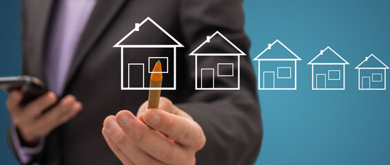 Poster - Business man drawing a house