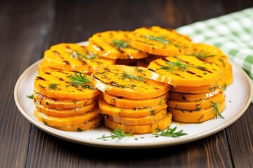 Sticker - grilled slices of butternut squash arranged on plate