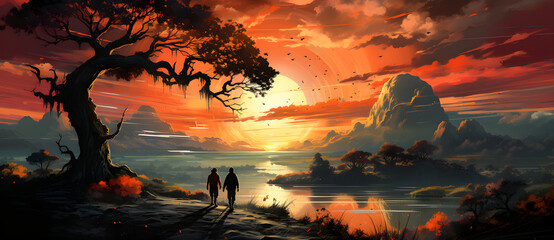 Wall Mural - This is an illustration depicting a couple hiking in the sunset 3