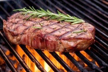 Poster - steak on grill with rosemary sprigs and garlic nearby