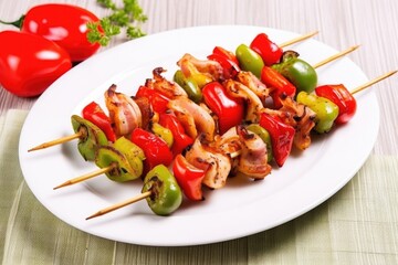Wall Mural - skewers with brussels sprouts and bacon on white dish