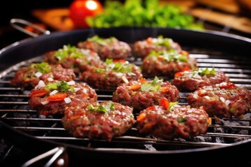 Poster - minced meat kebabs on metal skewers placed on a cooking pan