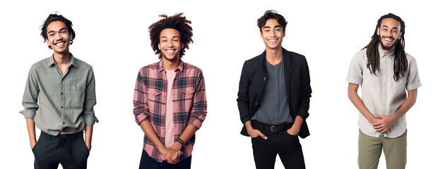 Wall Mural - Set of Portrait of young man happy smiling and standing posing, isolated on white background, png