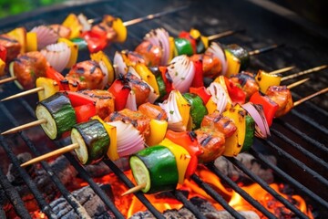 Wall Mural - assorted vegetable and meat skewers cooking on coals