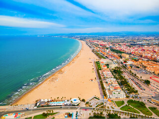 Canvas Print - Valencia city beach aerial panoramic view, Spain