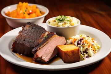 Poster - smoked beef brisket with a side of coleslaw and cornbread on a plate