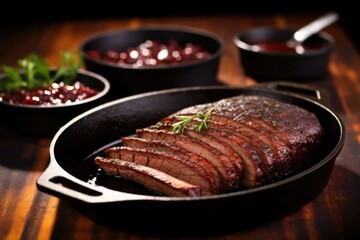 Canvas Print - smoked beef brisket in a cast iron pan with a brush and barbecue sauce